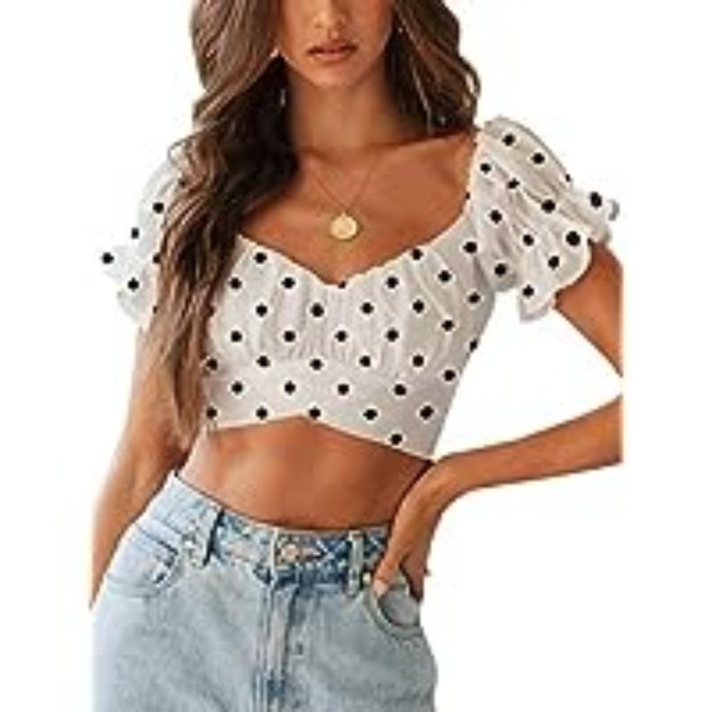 Cute B&W Polka Dot Short Sleeve Tie Up Crop Top - size Small